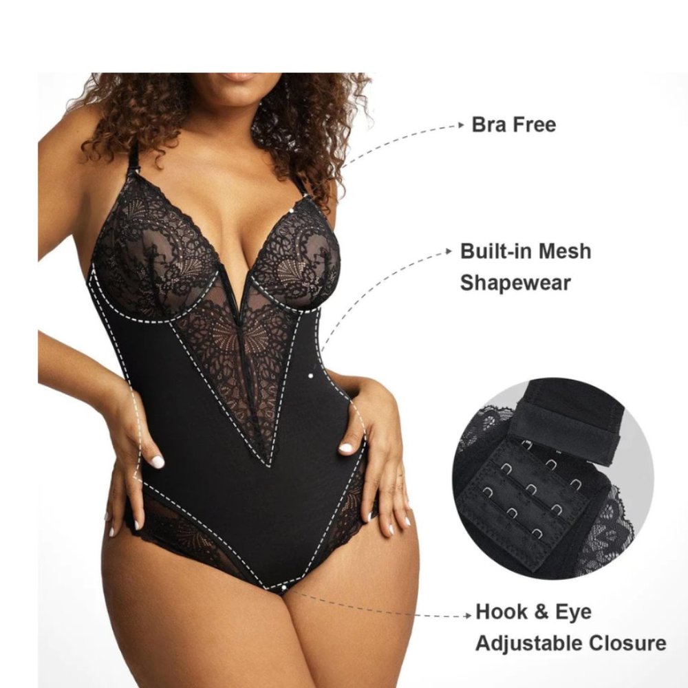 Popilush Sexy Lace Deep-V Neck Bodysuits Or Leather Skirt